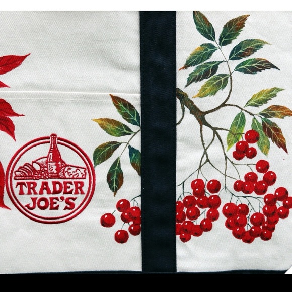 Hand-Painted Trader Joe’s Large Canvas Tote Bag – Christmas Red Leaves & Berries - Picture 3 of 4